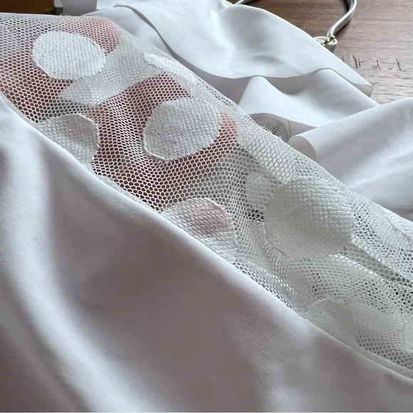 Aura White One Piece Swimsuit Sheer Panels Polka Dots Off Shoulder Size Small - Picture 8 of 11